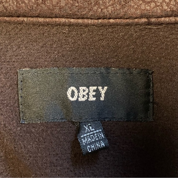 Women’s XL OBEY PROPAGANDA MILITARY SPEC Brown Leather Look Cargo Jacket Hood EC - Picture 14 of 16